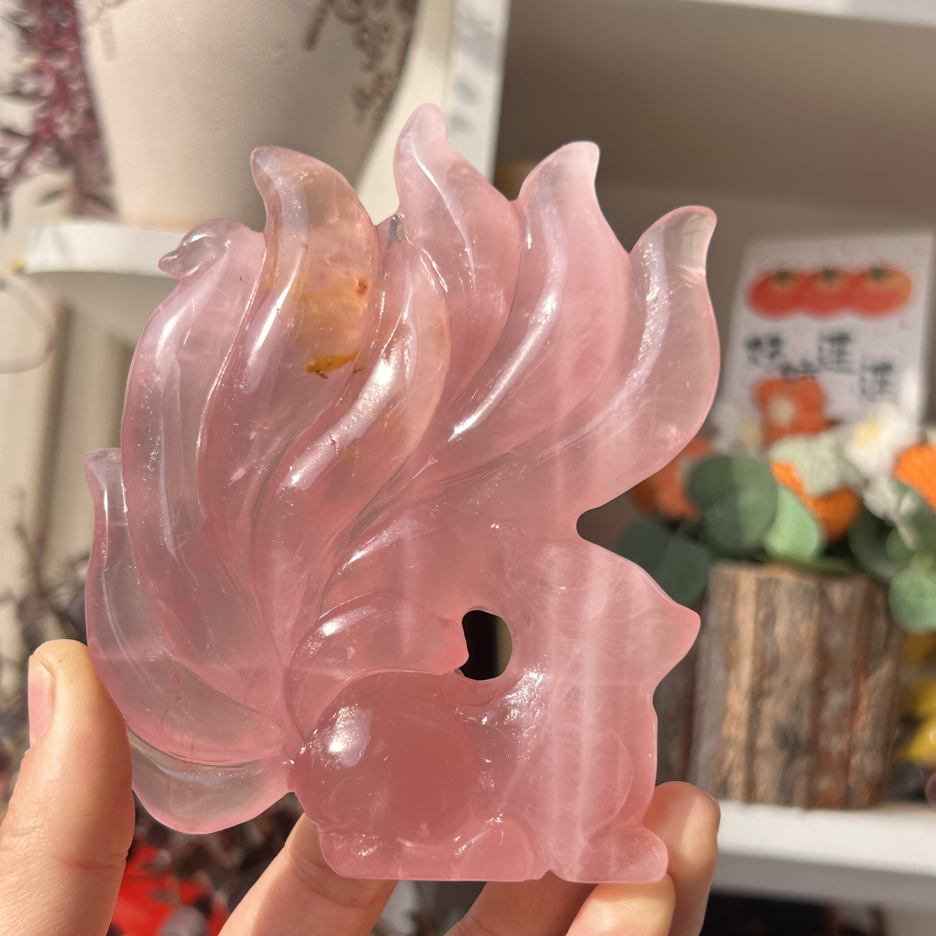 天然马粉粉晶九尾狐小摆件手工雕刻双面立体粉水晶狐狸小摆件