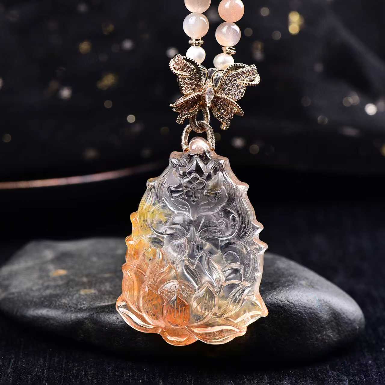 天然黄胶花九尾狐大吊坠手工精雕水晶莲花许愿狐狸原创设计毛衣链