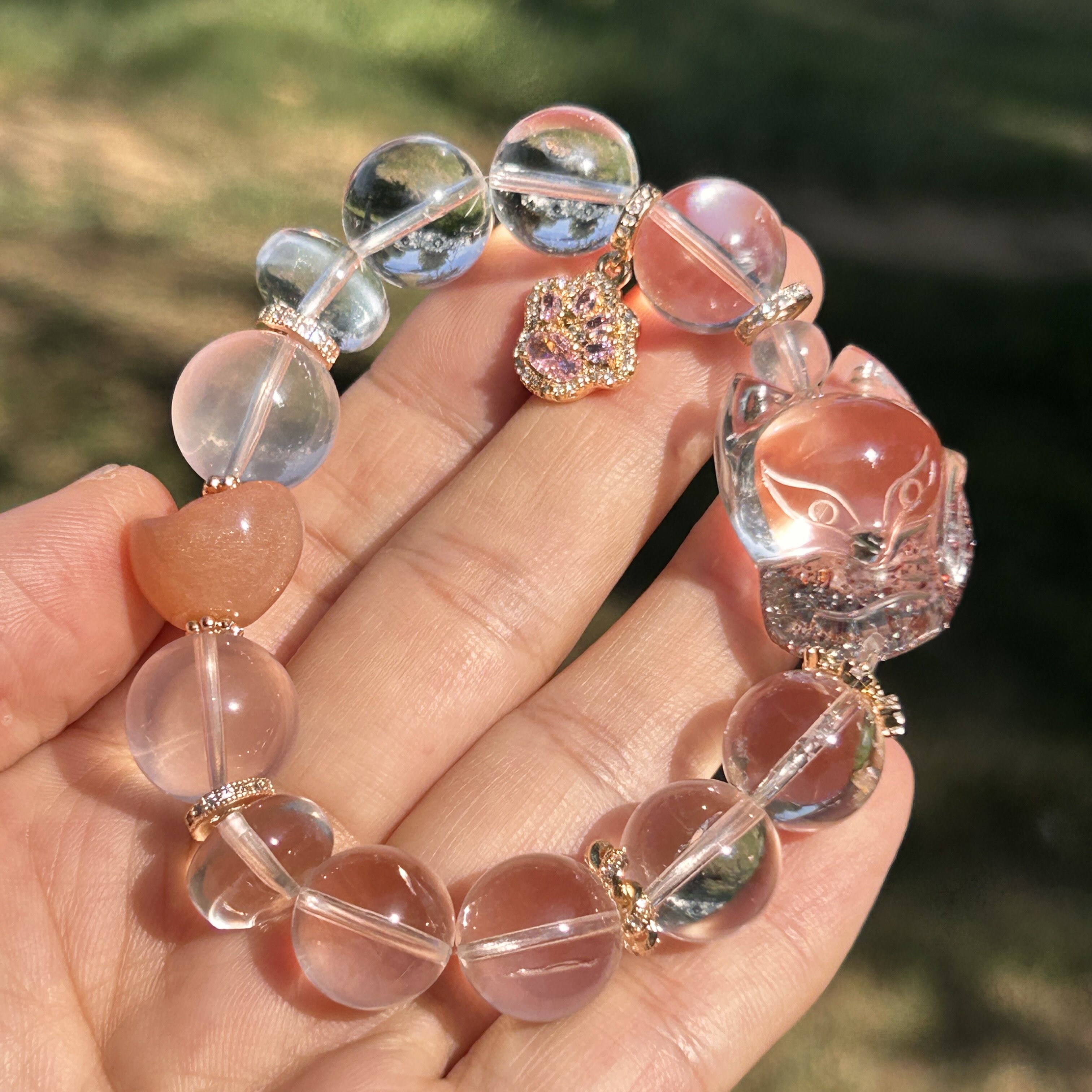 天然金草莓晶大头狐狸原创设计女生手链金草莓晶狐狸白阿塞手串