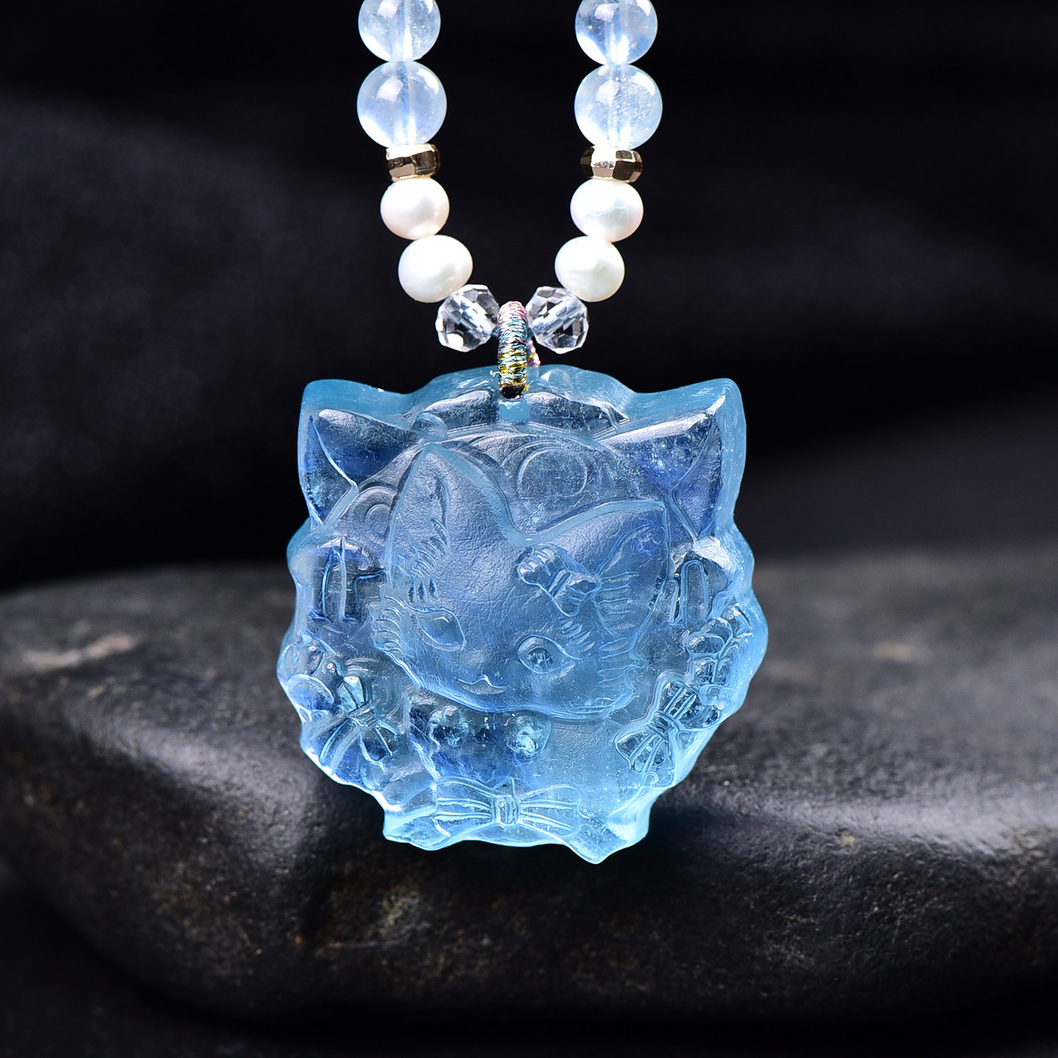 天然海蓝宝九尾狐小吊坠精致立体可爱水晶萌狐狸原创设计项链