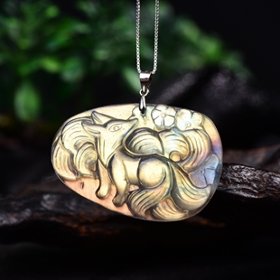 新款现货天然彩月光石九尾狐吊坠手工雕刻灰月光拉长石狐狸项链