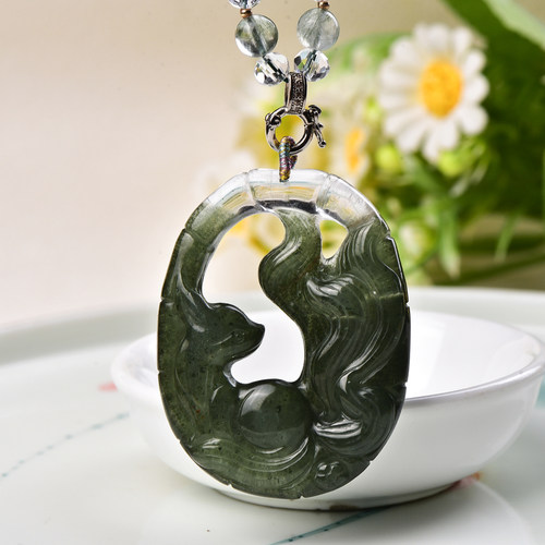 新款现货天然绿幽灵九尾狐吊坠手工精雕镂空双面立体幽灵水晶狐狸