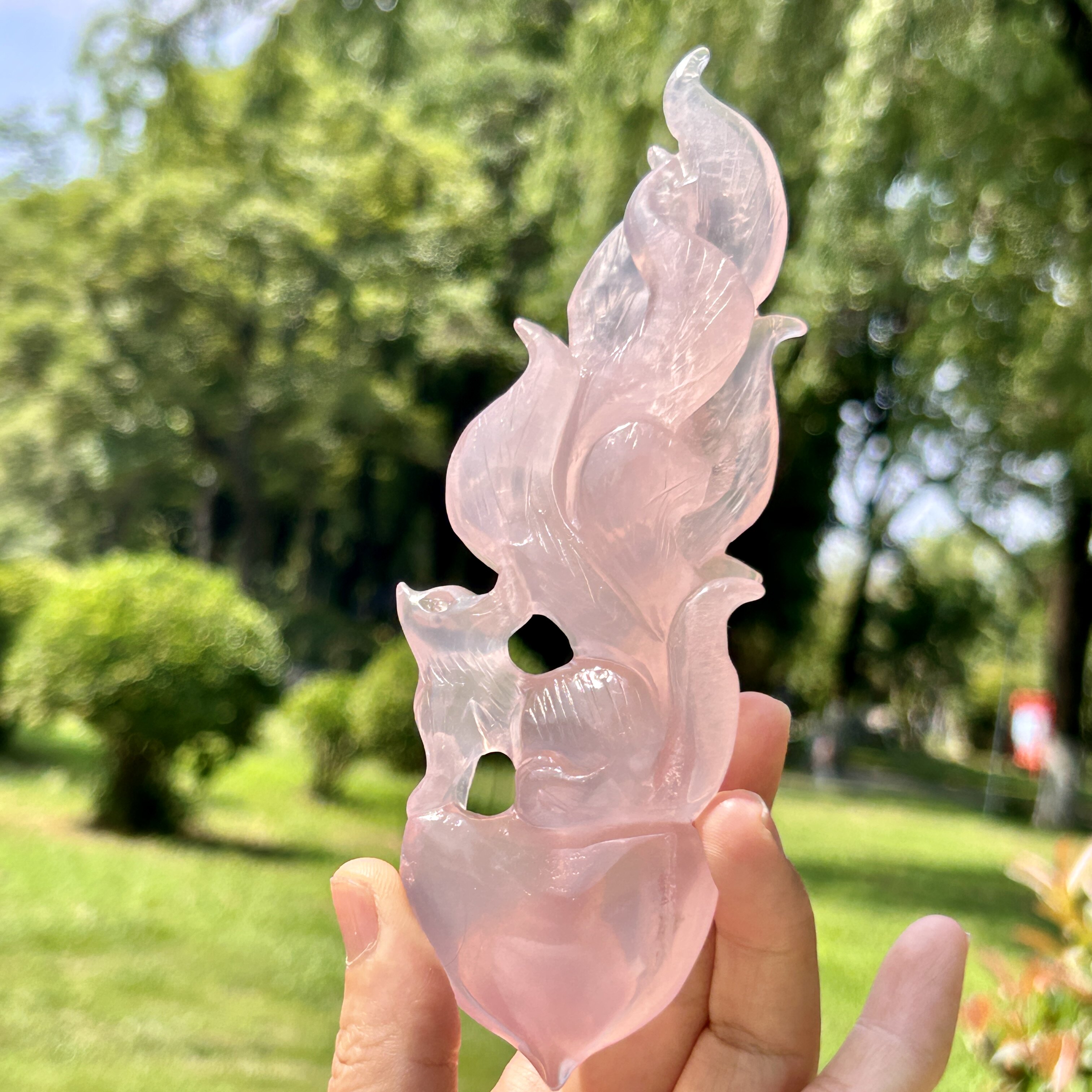 天然粉水晶九尾狐大摆件手工精雕立体双面粉晶狐狸摆件