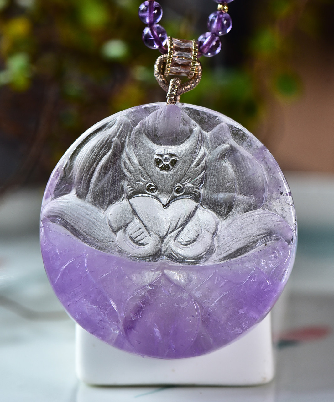 新款现货天然薰衣草紫水晶九尾狐吊坠手工精雕俏色紫水晶狐狸项链