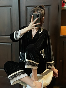 韩版 高级感黛安靓金丝绒睡衣女秋冬季 甜美蕾丝气质韩国绒家居服