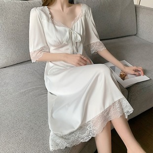 冰丝短袖 性感黛安靓真丝绸睡衣女夏季 睡裙蕾丝网红宫廷风家居服
