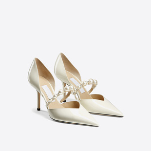 32码45法式珍珠中空高跟鞋2024新款一字带浅口尖头细跟气质单鞋女