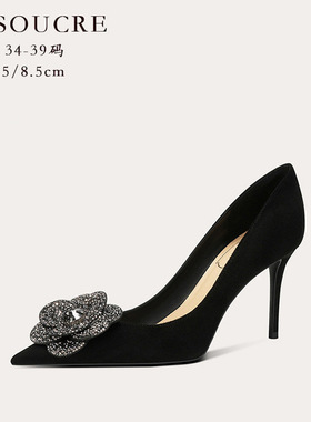 708-A70黑色羊皮性感宴会高跟鞋细跟法式闪亮山茶花配饰时尚单鞋