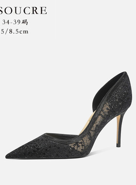 708-A42蕾丝黑色性感侧空高跟鞋气质宴会女单鞋高级婚礼鞋羊皮鞋