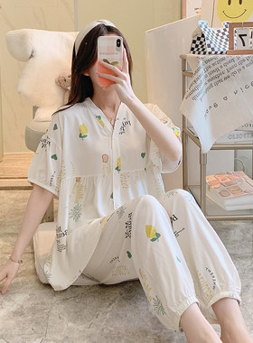 睡衣女夏季薄款棉绸中袖套装大码