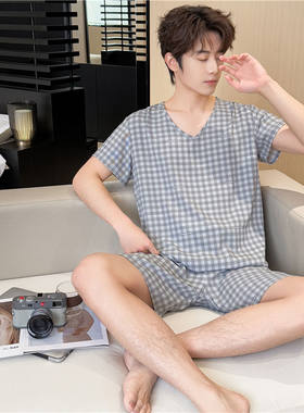 2025年新款男士高中生短袖中裤夏季超薄棉绸宿舍男生可外出家居服