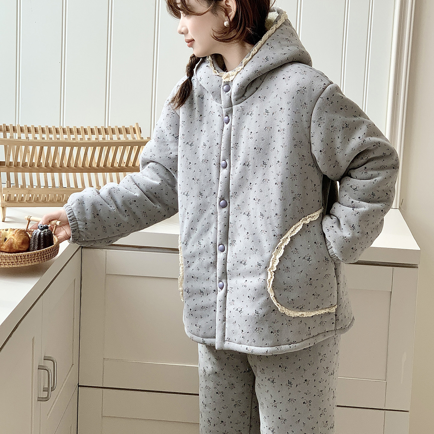 可外穿三层超厚睡衣女夹棉加厚法兰绒碎花保暖家居服套装冬天