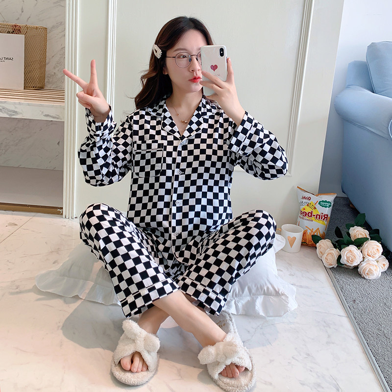 时髦洋气棋盘格纯棉绸睡衣女春秋夏季长袖薄款人造棉家居服套装