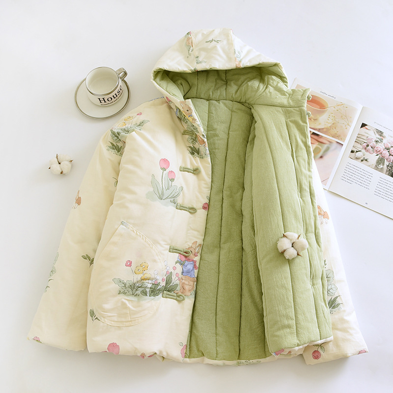 2024冬纯手工新疆棉花袄女士连帽加厚棉衣里外纯棉棉服可外穿睡衣