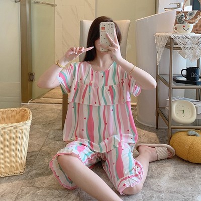 2025年新款睡衣女款夏季短袖中裤防凸点免穿内衣棉绸套装就家居服
