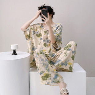 棉绸宽松好看家居服新款 可外穿睡衣女短袖 超薄巨凉快套装 长裤 夏季