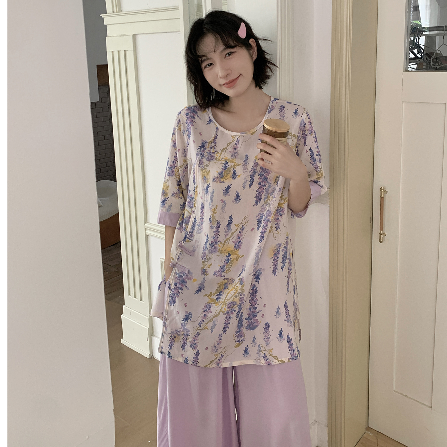 上衣加长+有口袋阔腿裤新中式国风睡衣女短袖长裤棉绸套装可外穿