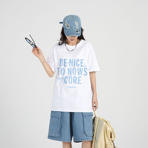 NOWSCORE 手绘线条卡通天使字母印花宽松圆领T恤 男女同款