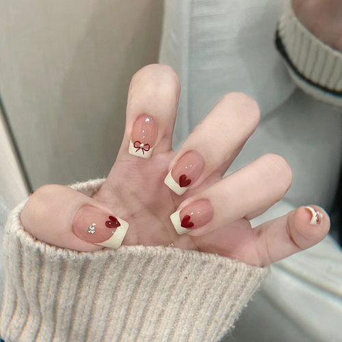 美甲穿戴甲新款显白小清新短款渐变绿色极光蝴蝶珍珠美甲光疗甲片