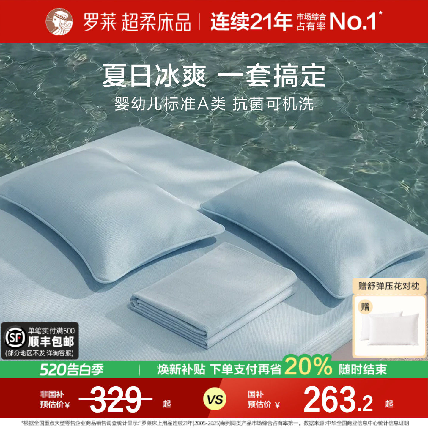 罗莱家纺冰皮席子四件套Pro夏凉被子A类抗菌可机洗冰丝床笠软凉席