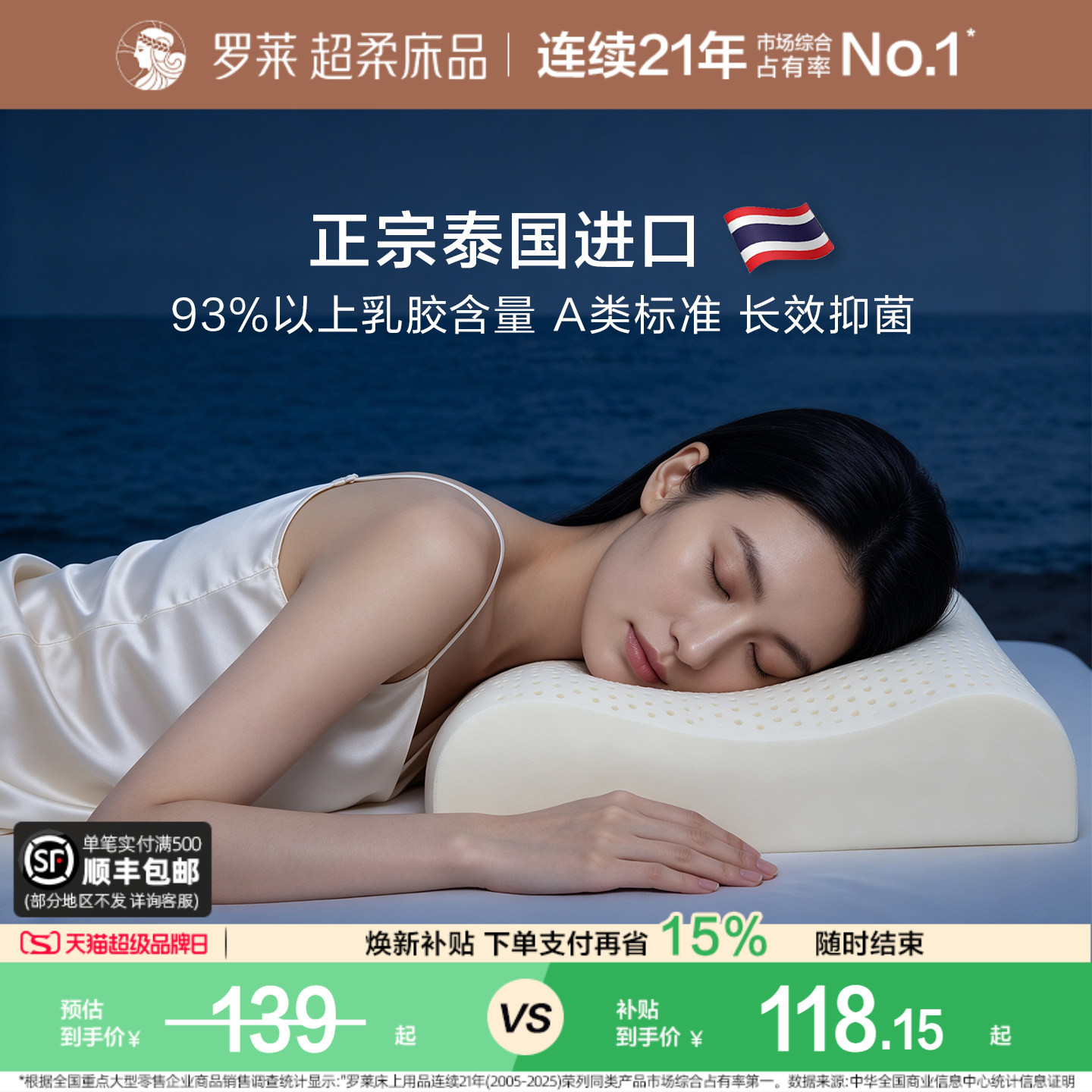 罗莱家纺泰国原液进口乳胶枕头正品呵护颈椎睡眠学生宿舍成人枕芯