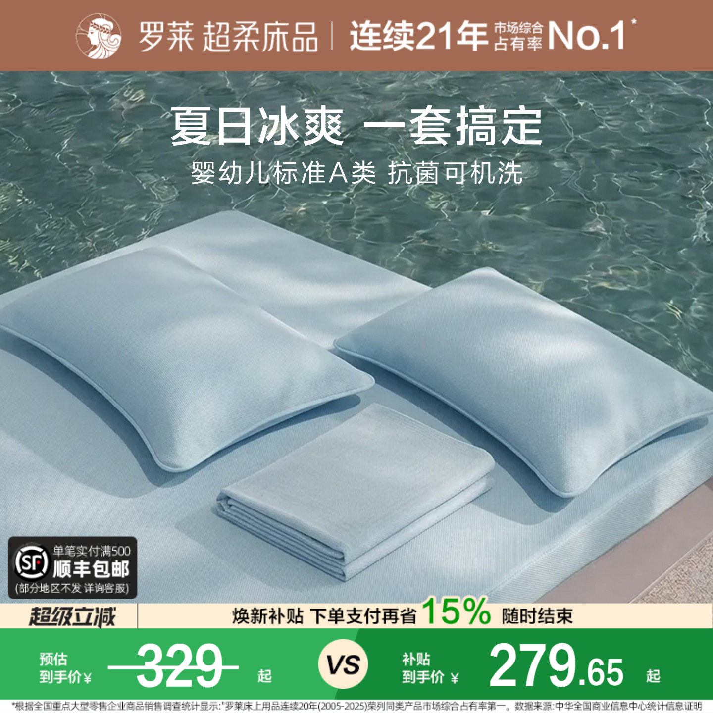 罗莱家纺冰皮席子四件套Pro夏凉被子A类抗菌可机洗冰丝床笠软凉席