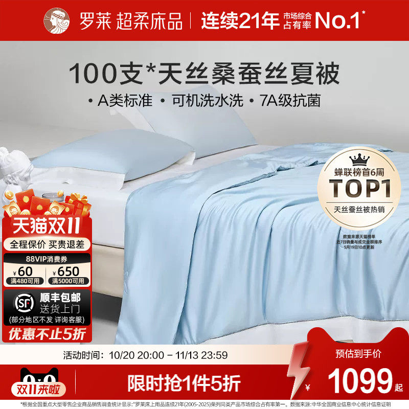 罗莱家纺100支天丝100%桑蚕丝夏凉被子A类抗菌可机洗空调被芯高端
