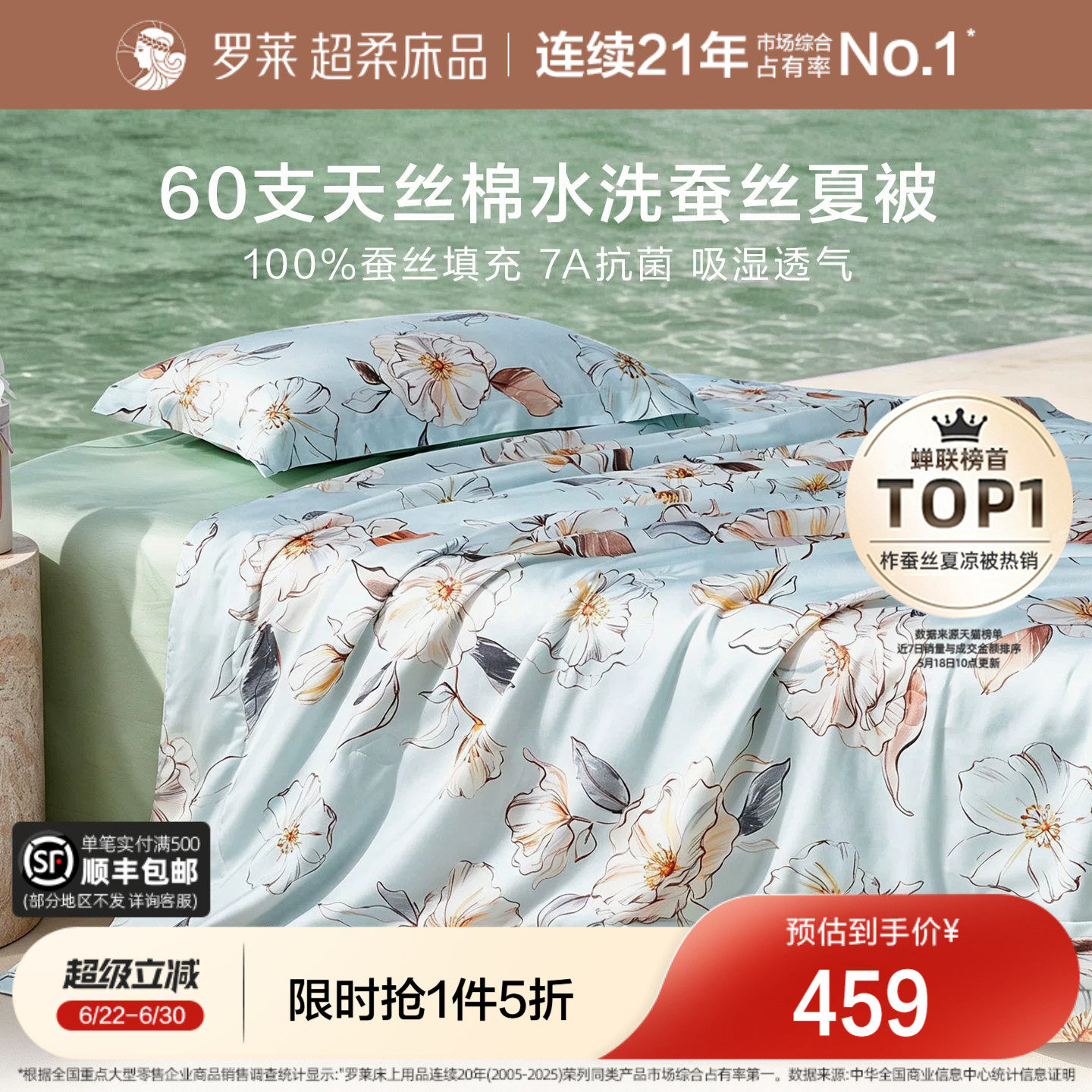 罗莱家纺100%蚕丝被夏凉被四件套60支天丝棉A类抗菌空调被可机洗