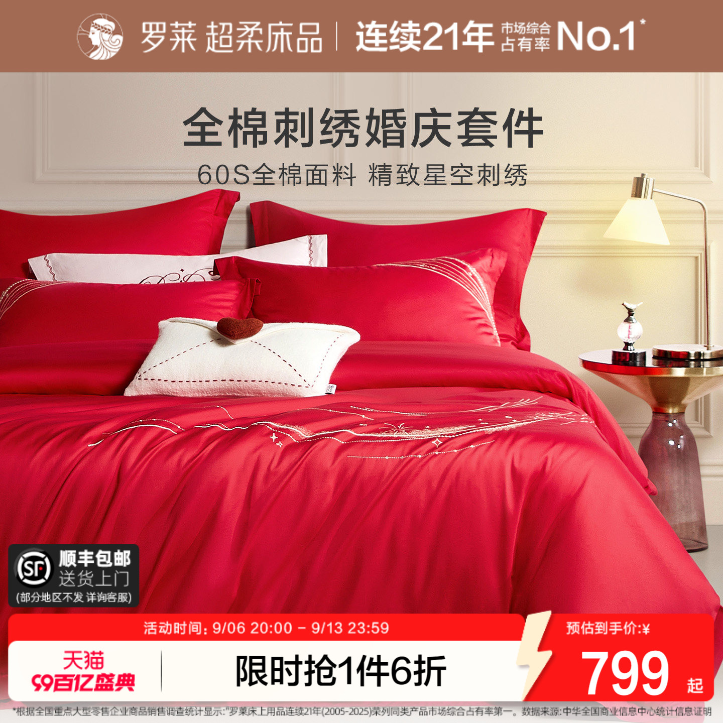 罗莱家纺新品60支贡缎婚庆全棉结婚床单被套被罩红色双人床四件套