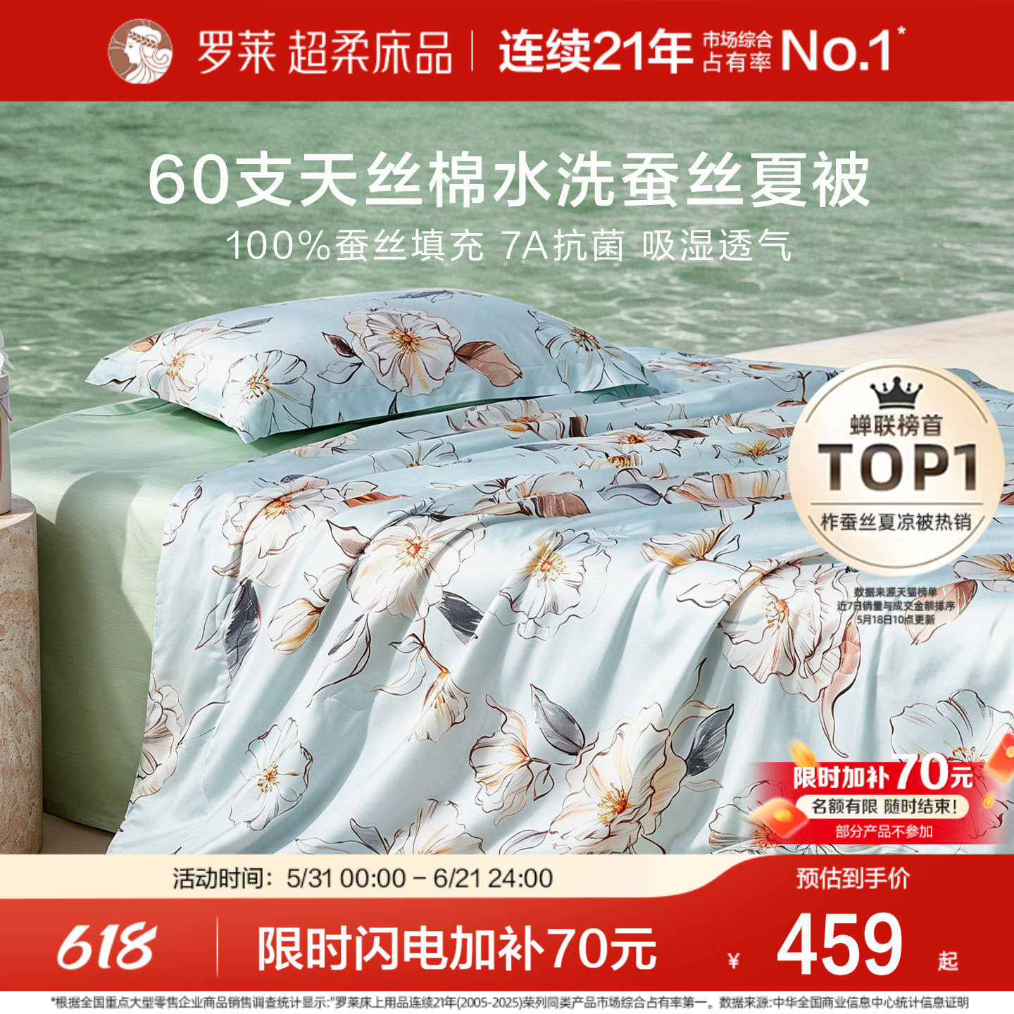 罗莱家纺100%蚕丝被夏凉被四件套60支天丝棉A类抗菌空调被可机洗