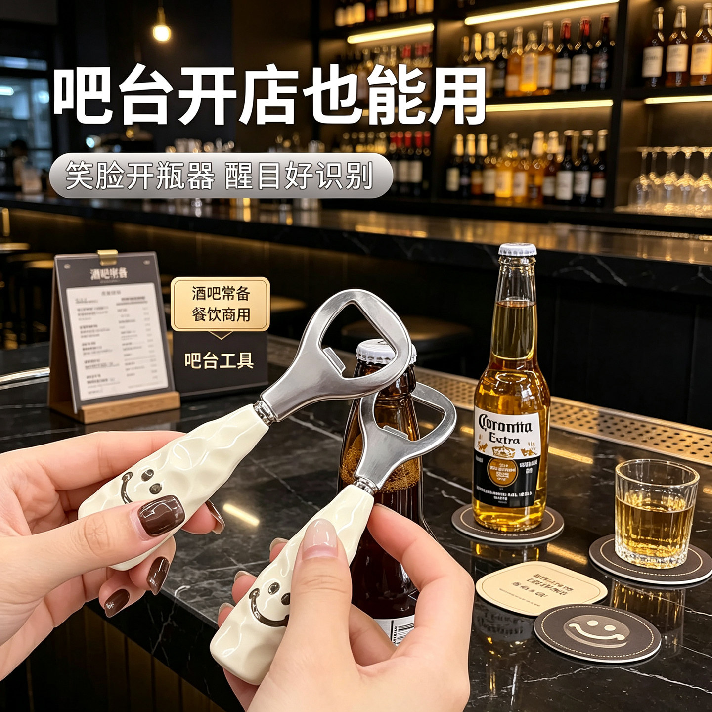 可爱笑脸啤酒开瓶器塑料柄仿陶瓷柄可站立酒瓶起子创意不锈钢开盖