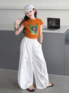 时尚女童演出服橙色卡通短袖波点白阔腿裤防透套装儿童表演服装夏