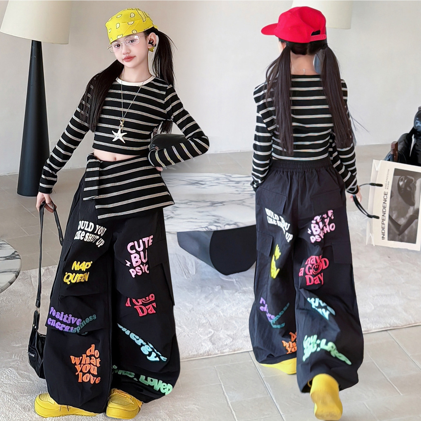 网红女童爵士舞新春装2026新款卡通美式印花裤子休闲街拍走秀潮服