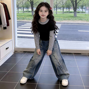 小女孩街头走秀服 休闲百搭一身装 时尚 女童爵士舞练功服拼接牛仔裤
