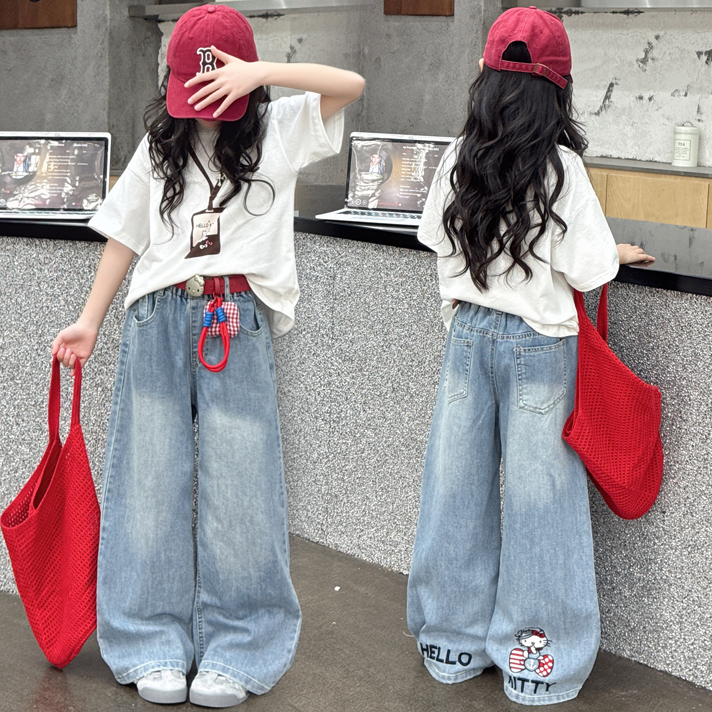 女童夏装潮半袖T恤牛仔裤炸街爵士舞休闲装时尚小女孩宽松走秀服