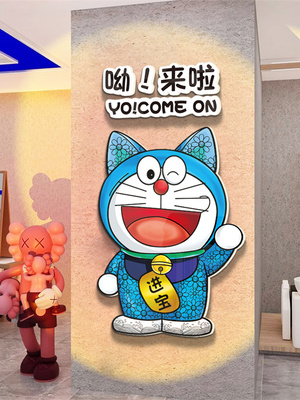 店门口吸引人机器猫摆件卡通装饰画理发店奶茶咖啡馆墙面布置挂画