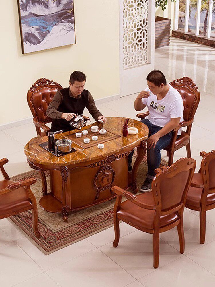 实木茶桌椅组合欧式大理石茶几桌整装大小户型实木阳台家用泡茶桌