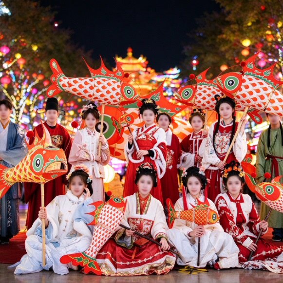 汉服手持鱼灯非遗鱼花灯古风拍照道具市集巡游发光鱼形灯笼
