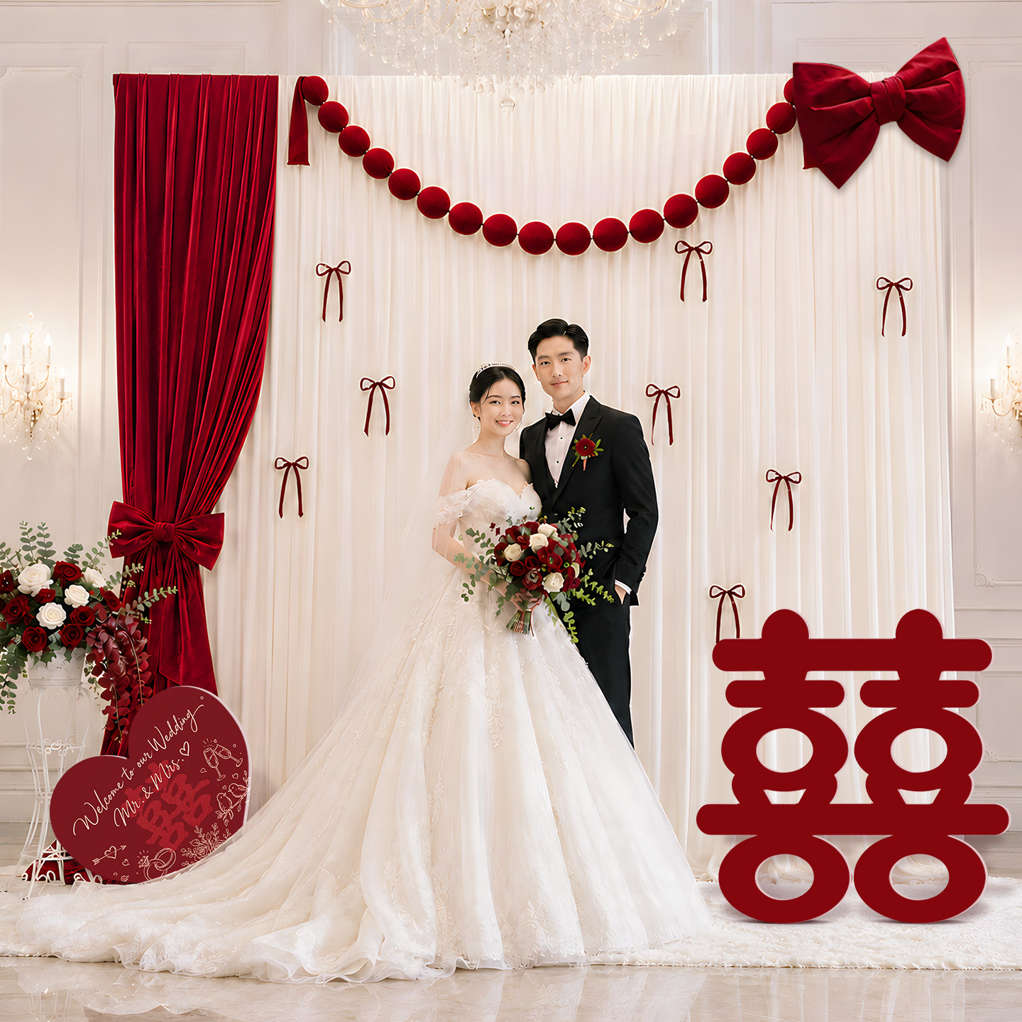 婚房主卧拍照背景布幔拉花套装图片