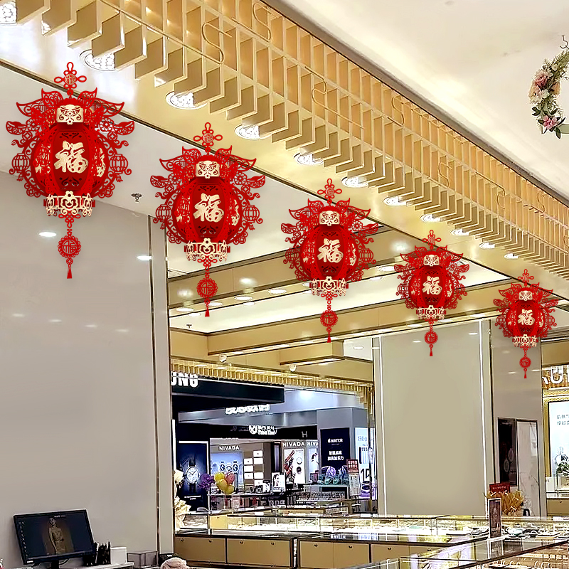 元旦挂件2026新款喜庆大红宫灯阳台过年六角仿古中式鱼福灯笼挂饰