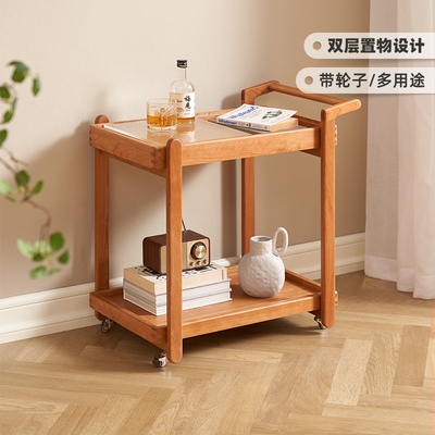 原始原素实木双层边几樱桃木小推车沙发边柜客厅可移动茶几L9186