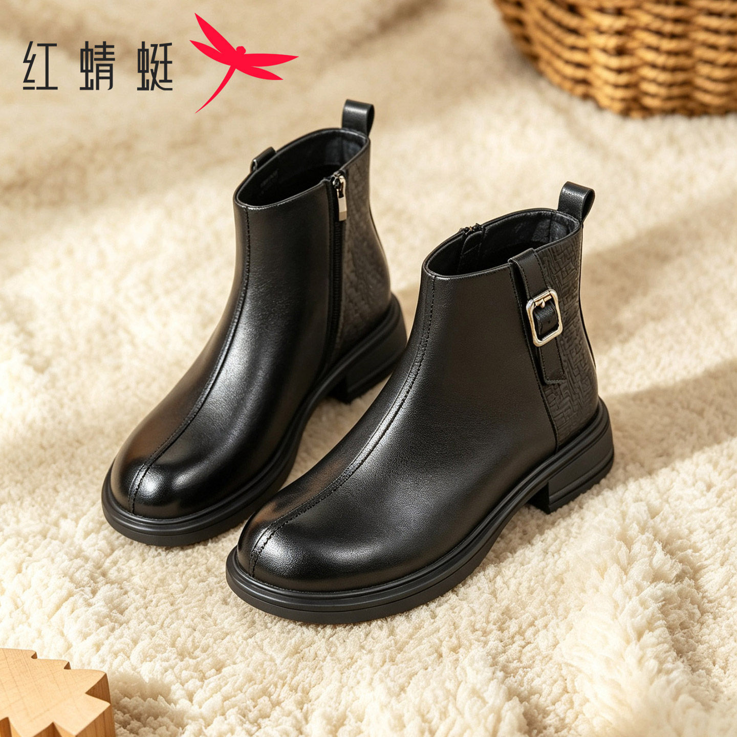红蜻蜓冬季短筒粗跟时装靴