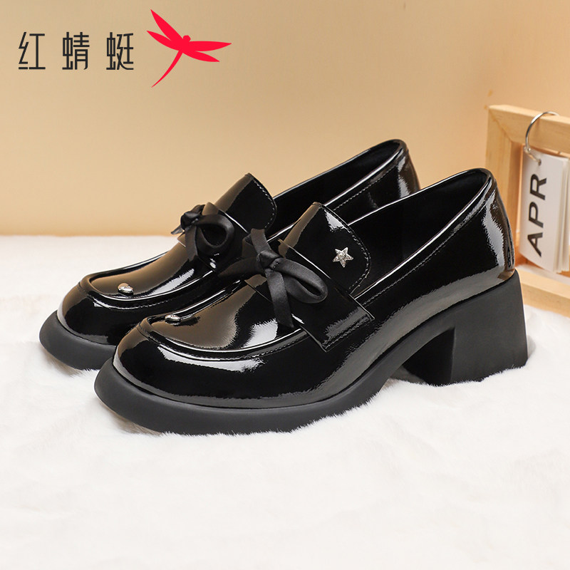 红蜻蜓女鞋春季新款时尚学院风一脚蹬皮鞋时尚舒适蝴蝶结乐福鞋女