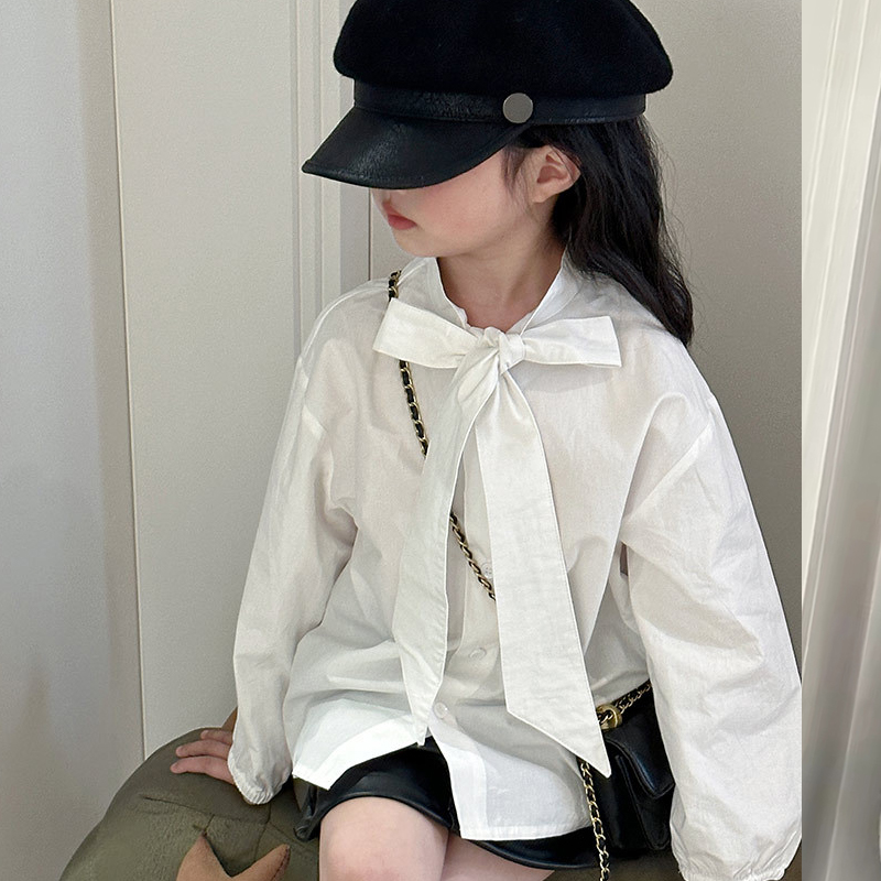 2025新款女童白色衬衫秋季长袖韩版洋气潮流个性小女孩蝴蝶结衬衣