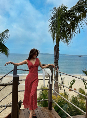 2025新款Real小众系带收腰复古红色碎花性感V领连衣裙