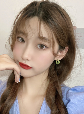 小左饰品 韩国蓝色交叉圆圈耳环小巧绿色c形哑光少女耳钉S925银针