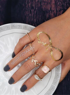 欧美风水钻几何树叶关节戒指