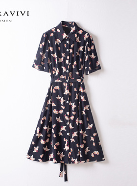 玛洛薇 M-92135 短袖重磅花色连衣裙中长款桑蚕丝裙子