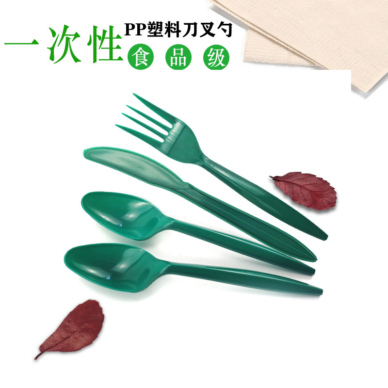 一次性勺子绿色叉子PP塑料刀5寸蛋糕刀叉勺沙拉点心叉外卖西餐叉
