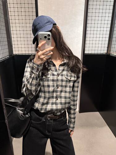 THXGIVING秋季新款复古慵懒感双盖格子衬衫宽松长袖上衣27644
